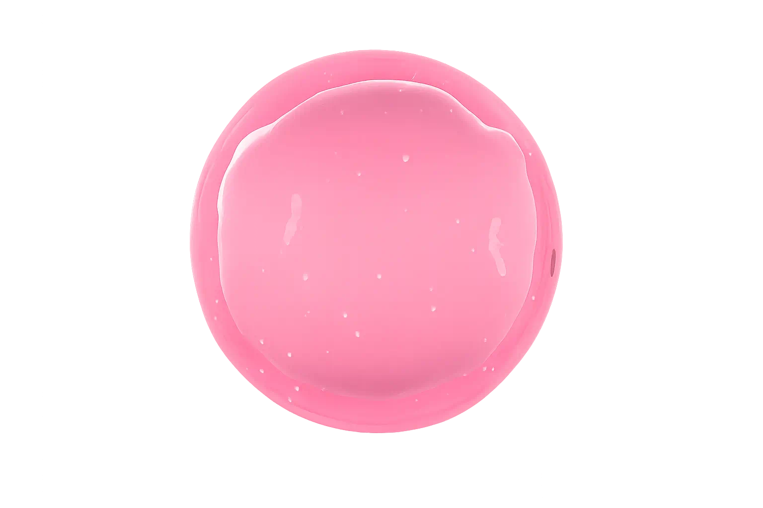 A pink, translucent, spherical object with a glossy surface is centered against a gray background with horizontal glitch-like lines.