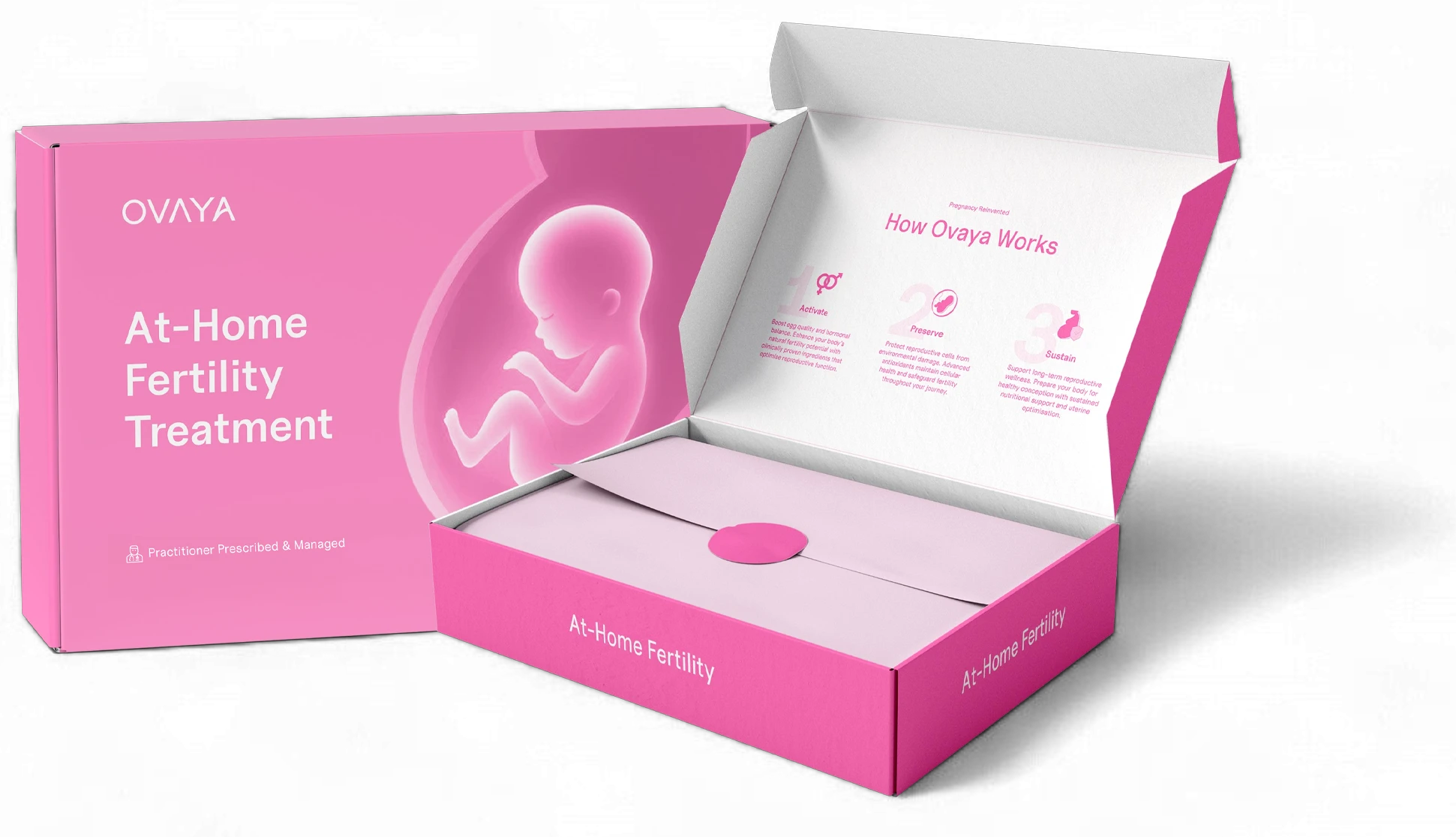 A pink Ovaya At-Home Fertility Treatment kit is shown open, displaying informational graphics inside the lid and packaging materials inside the box.